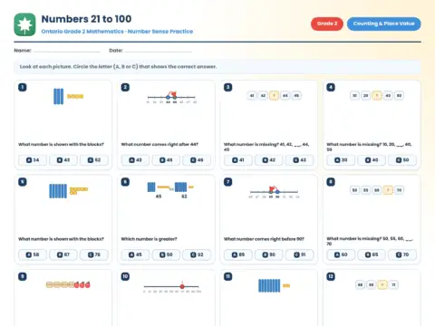 Numbers 21 to 100 – Grade 1 math worksheet preview