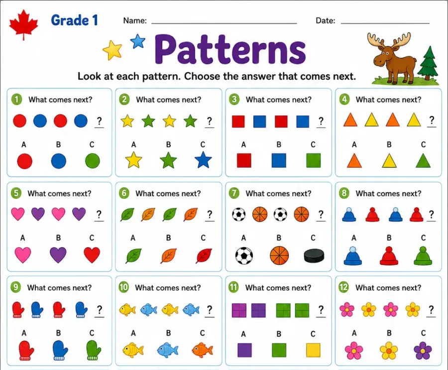 Patterns – Grade 1 math worksheet (preview)
