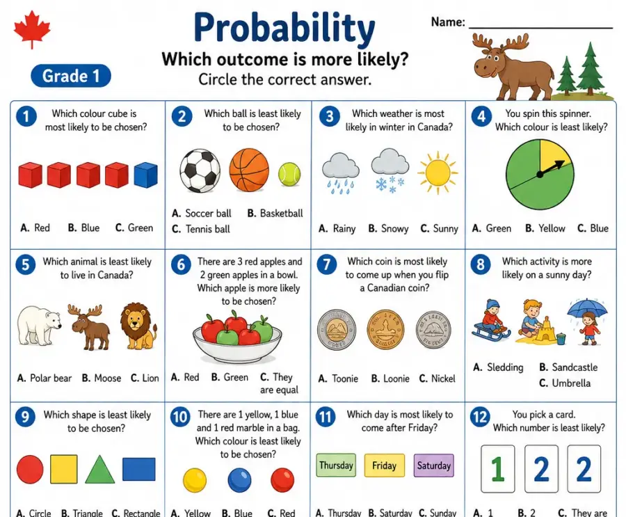 Probability – Grade 1 math worksheet (preview)