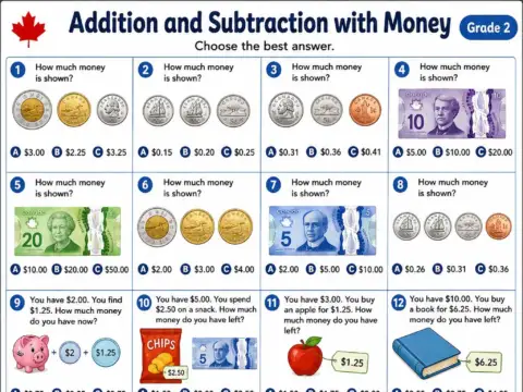 Addition and Subtraction with Money – Grade 2 math worksheet preview