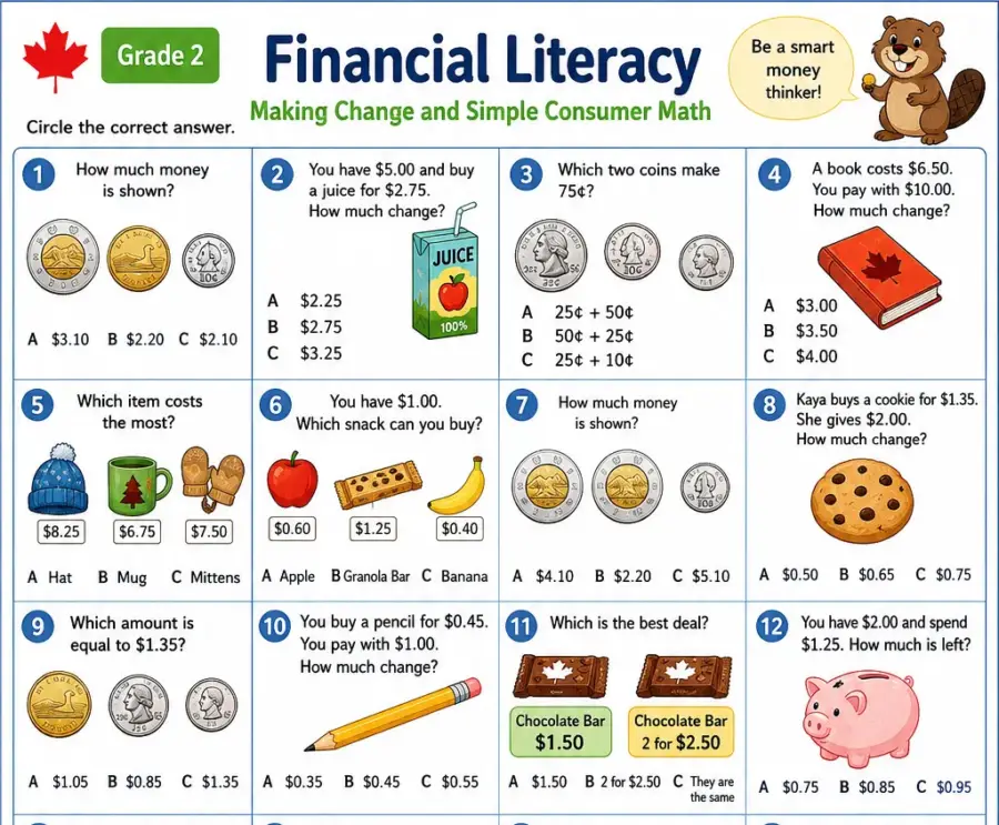 Financial Literacy – Grade 2 math worksheet (preview)