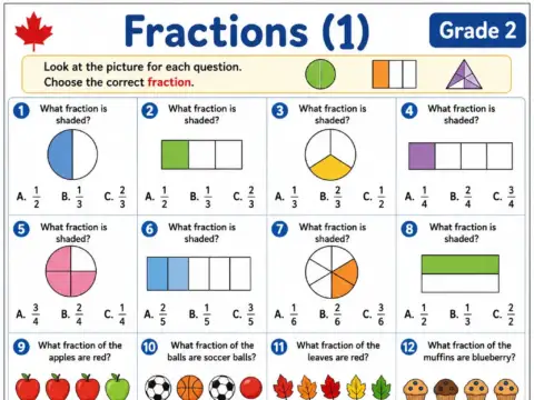 Fractions (Part 1) – Grade 2 math worksheet preview