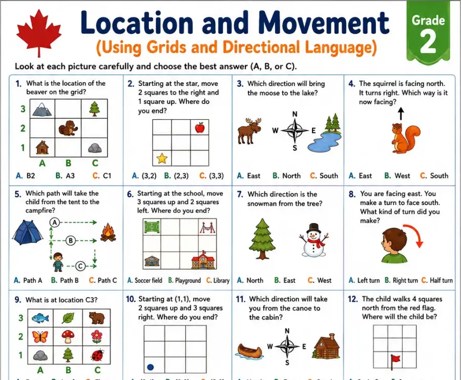 Location and Movement – Grade 2 math worksheet (preview)
