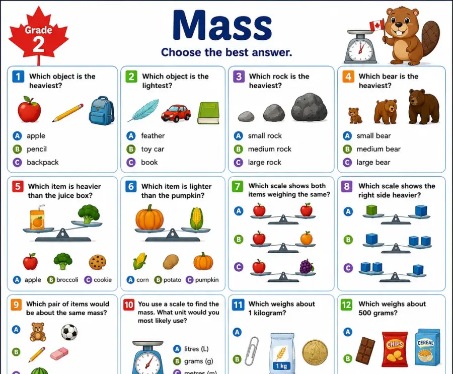Mass – Grade 2 math worksheet (preview)