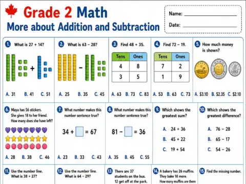 More about Addition and Subtraction – Grade 2 math worksheet preview