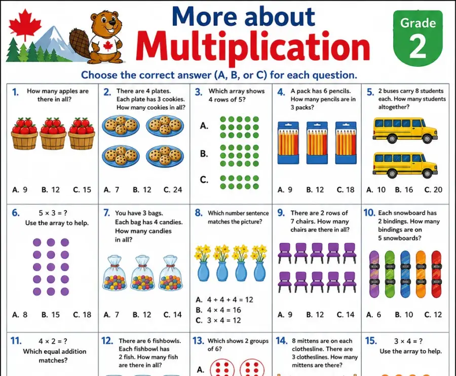 More about Multiplication – Grade 2 math worksheet (preview)