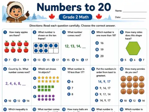 Numbers to 20 – Grade 2 math worksheet preview