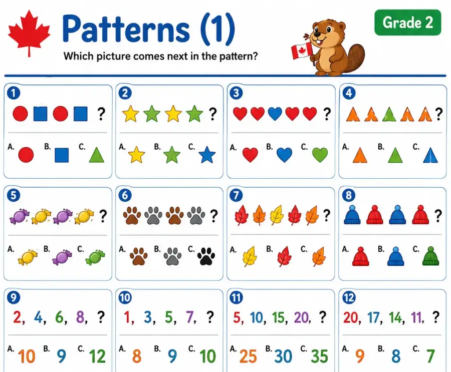 Patterns (Part 1) – Grade 2 math worksheet (preview)