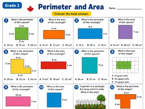 Perimeter and Area – Grade 2 math worksheet preview