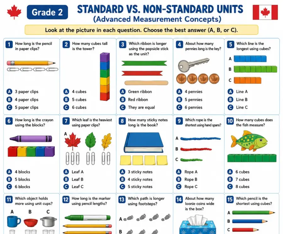 Standard vs. Non-standard Units – Grade 2 math worksheet (preview)