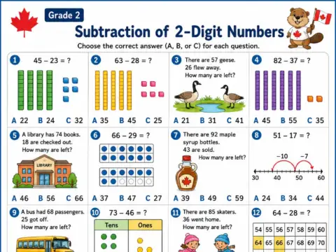 Subtraction of 2-Digit Numbers – Grade 2 math worksheet preview