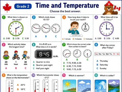 Time and Temperature – Grade 2 math worksheet preview