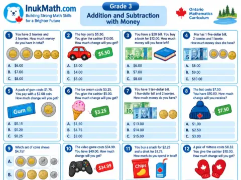 Addition and Subtraction with Money – Grade 3 math worksheet preview