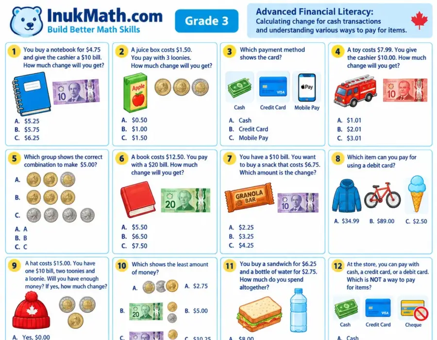 Advanced Financial Literacy – Grade 3 math worksheet (preview)