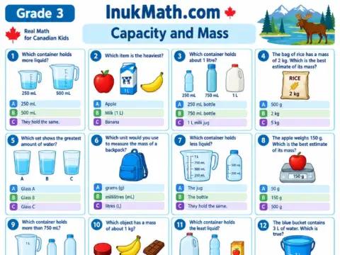 Capacity and Mass – Grade 3 math worksheet preview