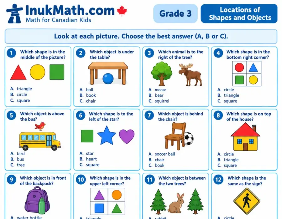 Locations of Shapes and Objects – Grade 3 math worksheet (preview)