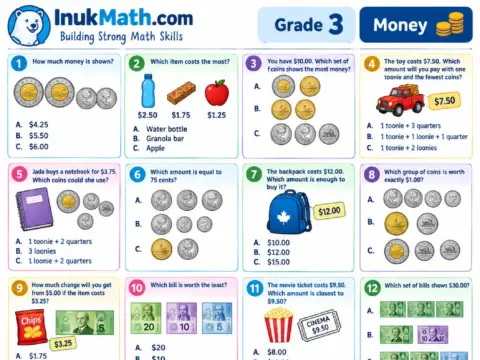 Money – Grade 3 math worksheet preview