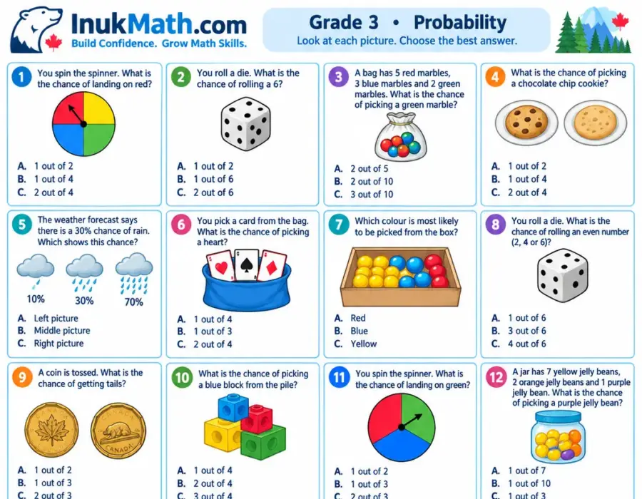 Probability – Grade 3 math worksheet (preview)
