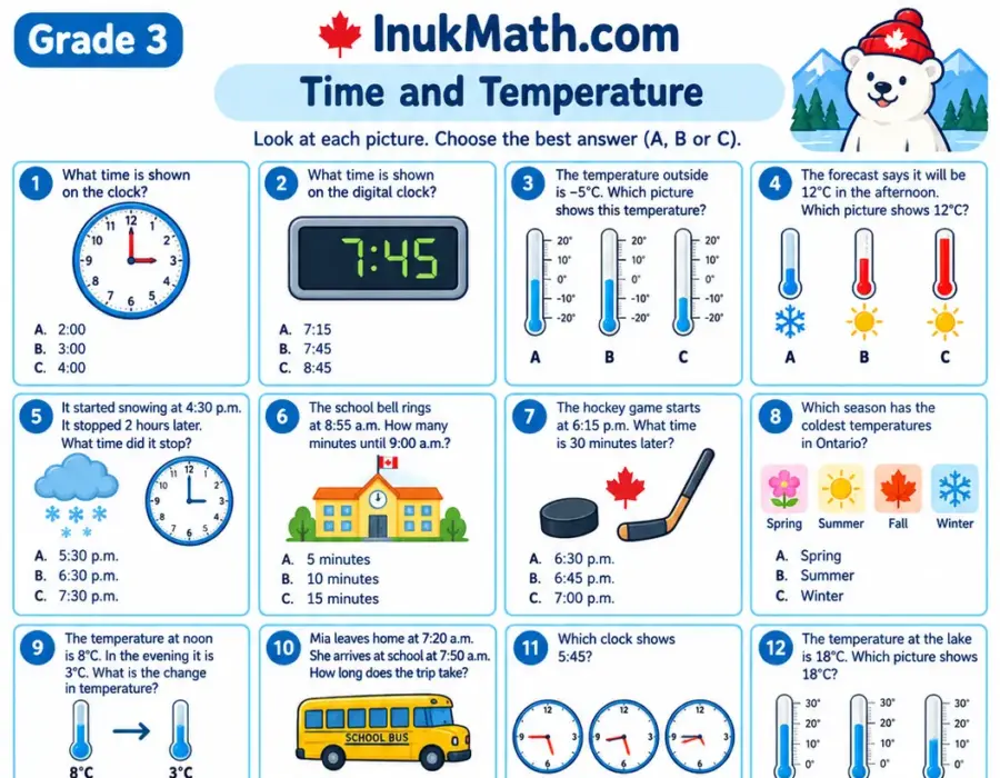 Time and Temperature – Grade 3 math worksheet (preview)