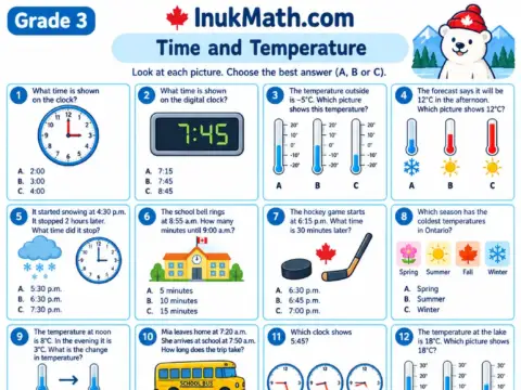 Time and Temperature – Grade 3 math worksheet preview