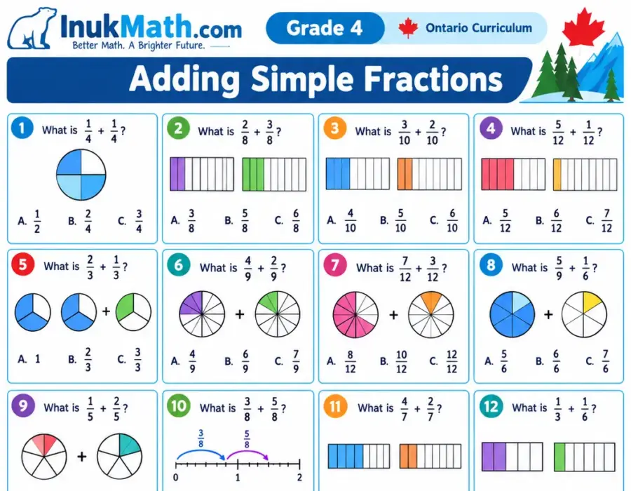 Adding Simple Fractions – Grade 4 math worksheet (preview)