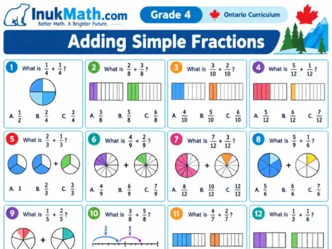 Adding Simple Fractions – Grade 4 math worksheet preview