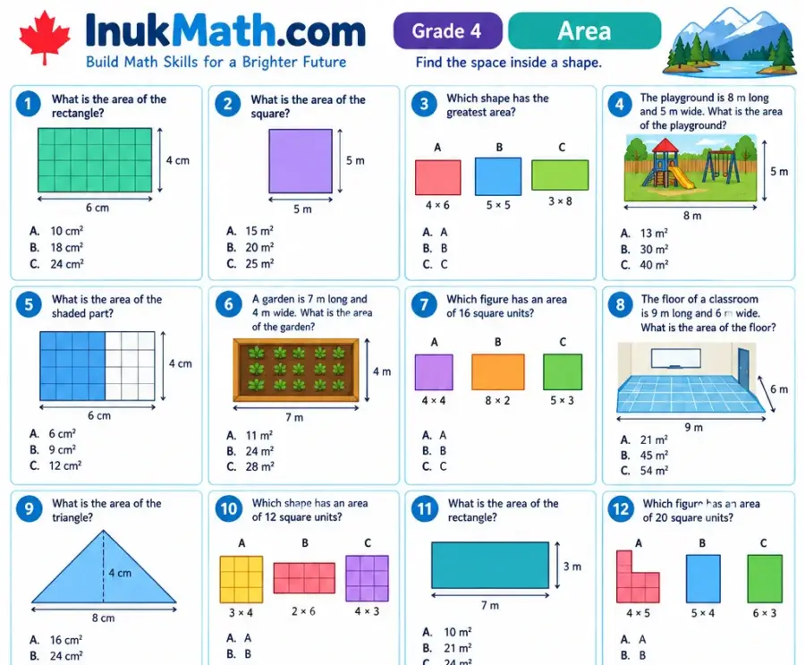 Area – Grade 4 math worksheet (preview)