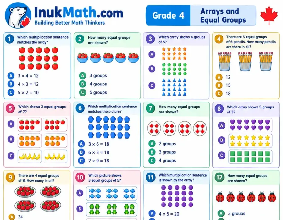 Arrays and Equal Groups – Grade 4 math worksheet (preview)