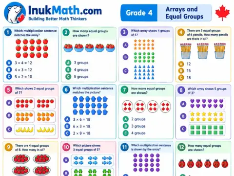 Arrays and Equal Groups – Grade 4 math worksheet preview