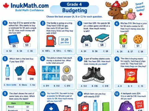 Budgeting – Grade 4 math worksheet preview