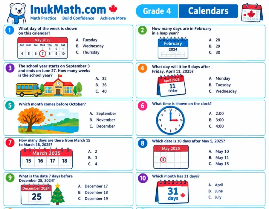 Calendars – Grade 4 math worksheet (preview)