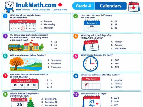 Calendars – Grade 4 math worksheet preview