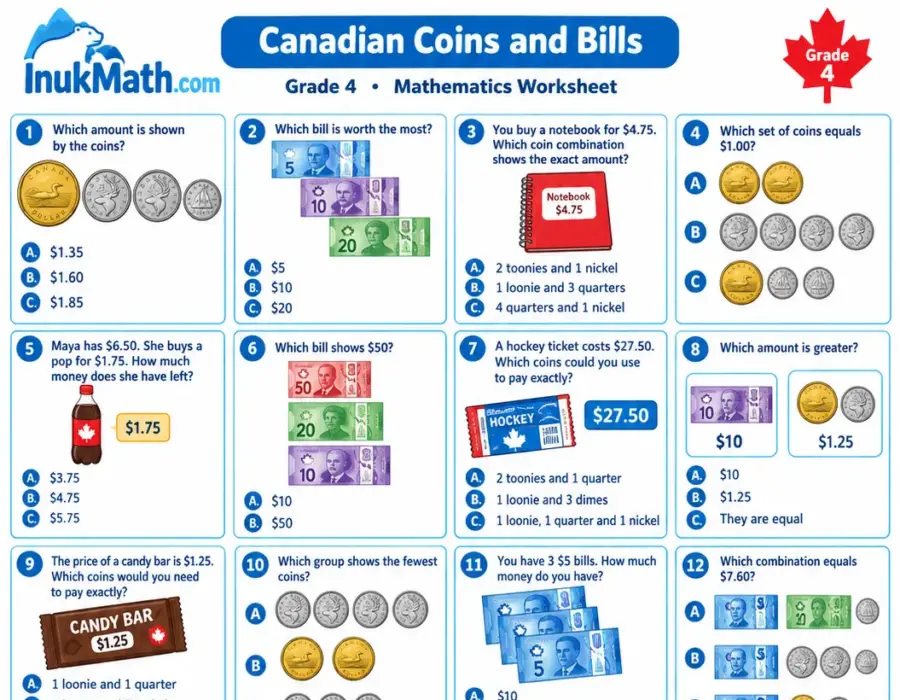 Canadian Coins and Bills – Grade 4 math worksheet (preview)