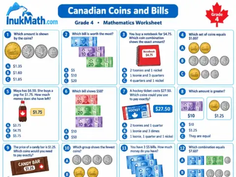 Canadian Coins and Bills – Grade 4 math worksheet preview