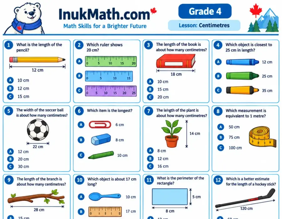 Centimetres – Grade 4 math worksheet (preview)