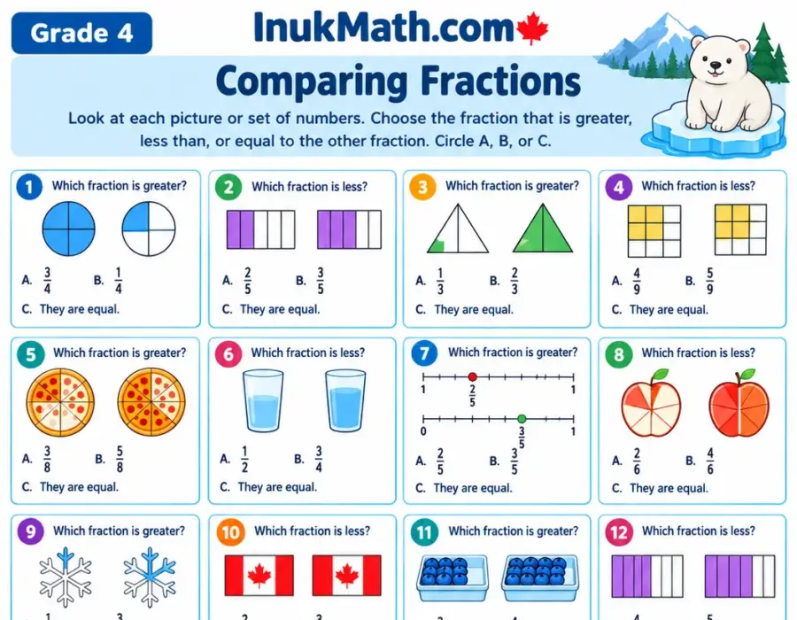 Comparing Fractions – Grade 4 math worksheet (preview)