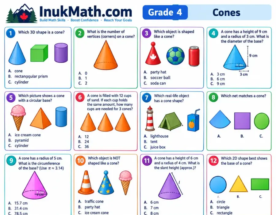Cones – Grade 4 math worksheet (preview)