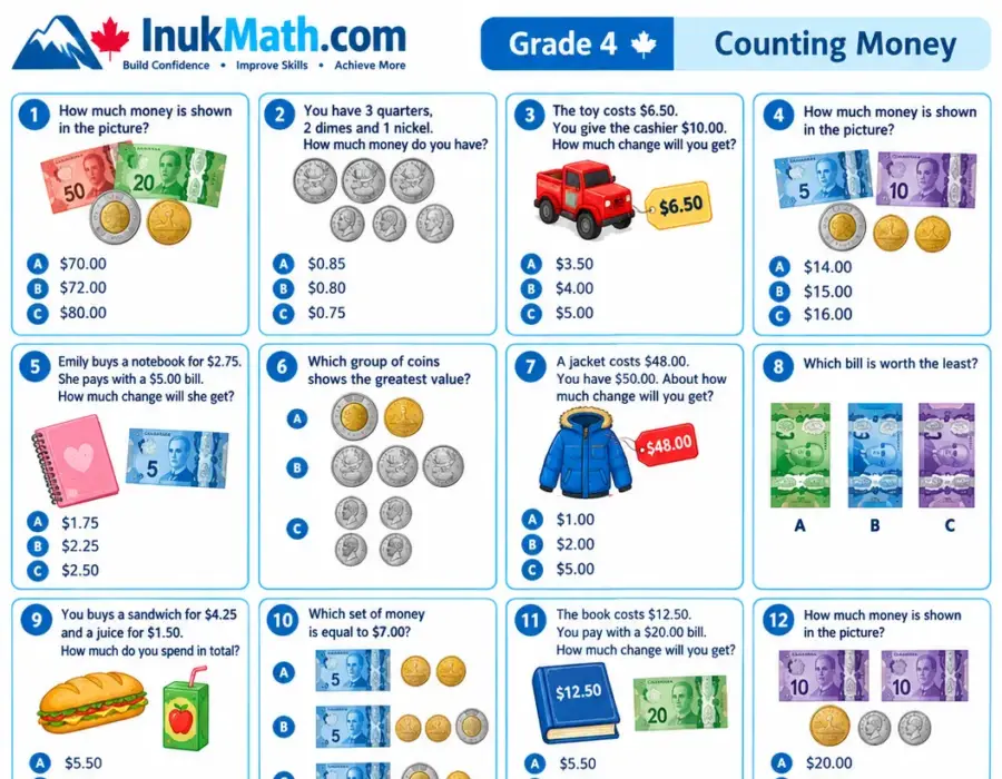 Counting Money – Grade 4 math worksheet (preview)