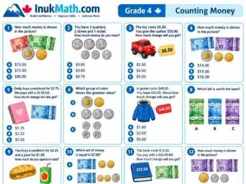 Counting Money – Grade 4 math worksheet preview