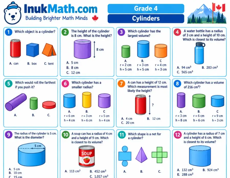 Cylinders – Grade 4 math worksheet (preview)