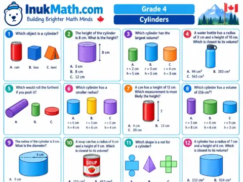 Cylinders – Grade 4 math worksheet preview