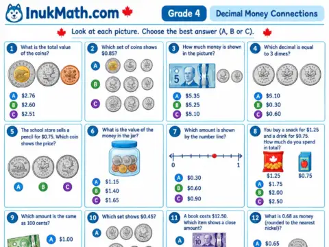Decimal Money Connections – Grade 4 math worksheet preview
