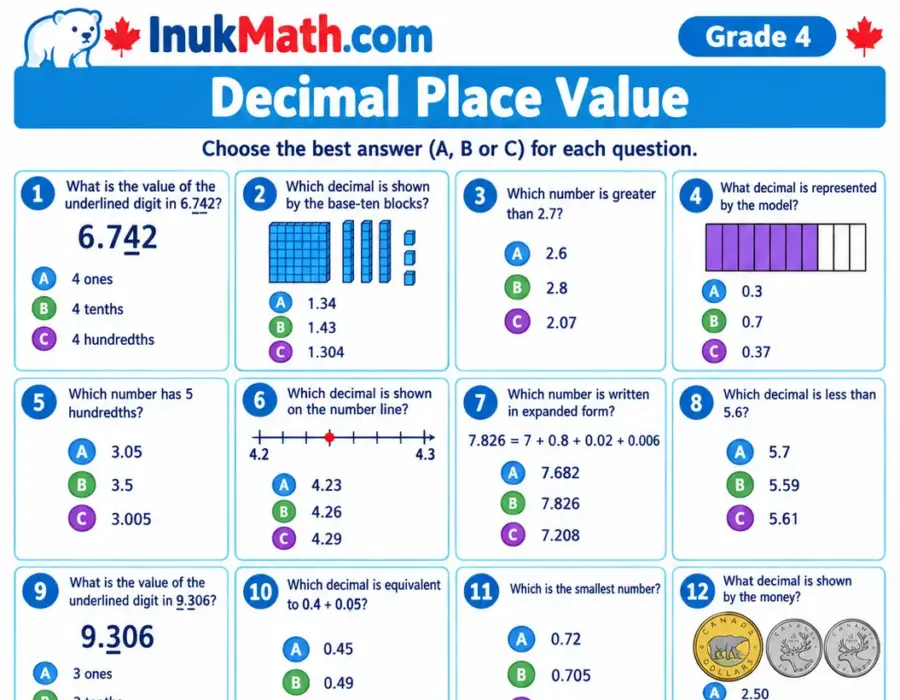 Decimal Place Value – Grade 4 math worksheet (preview)