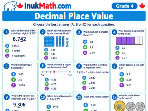 Decimal Place Value – Grade 4 math worksheet preview