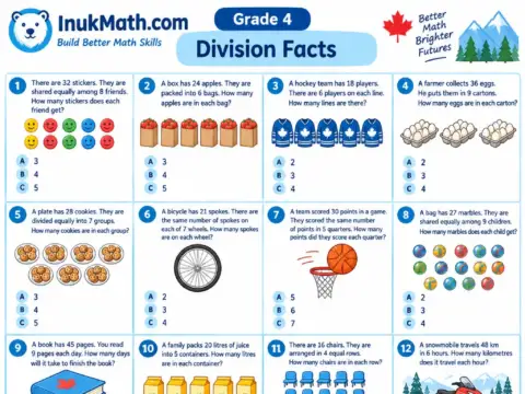 Division Facts – Grade 4 math worksheet preview
