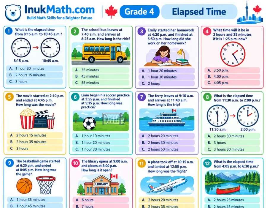 Elapsed Time – Grade 4 math worksheet (preview)