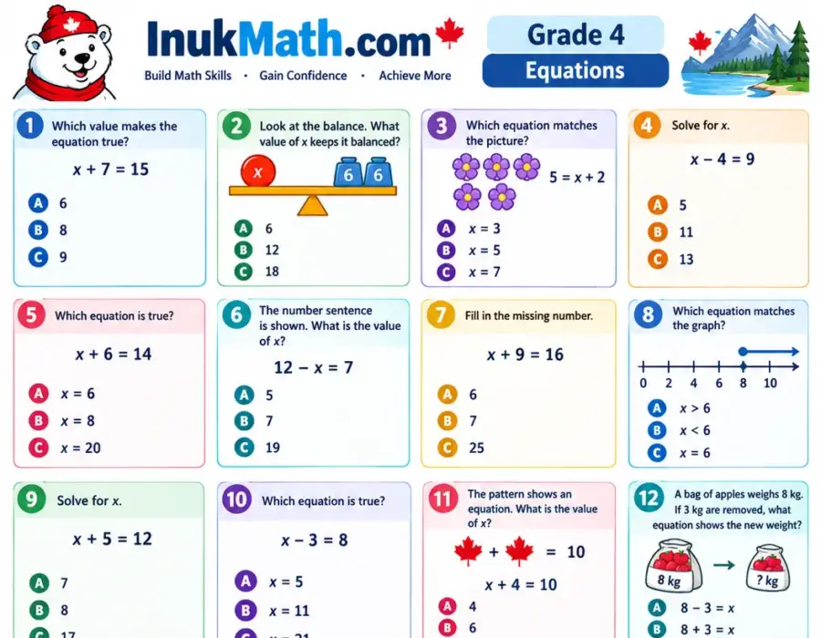 Equations – Grade 4 math worksheet (preview)