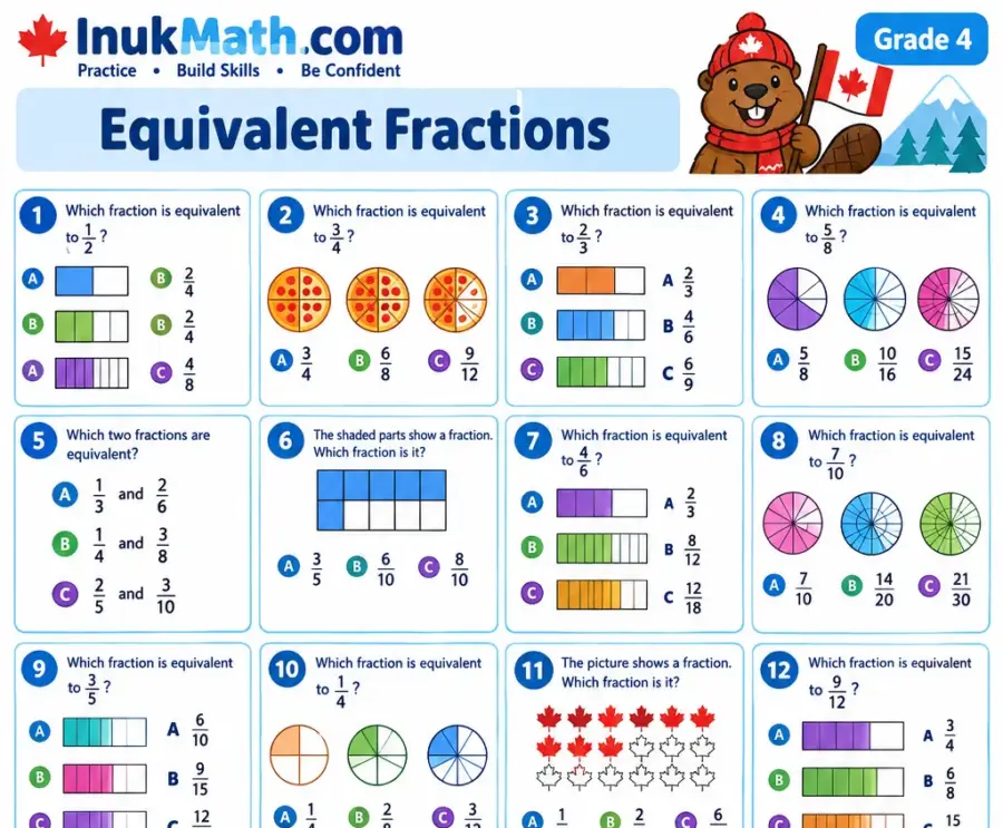Equivalent Fractions – Grade 4 math worksheet (preview)