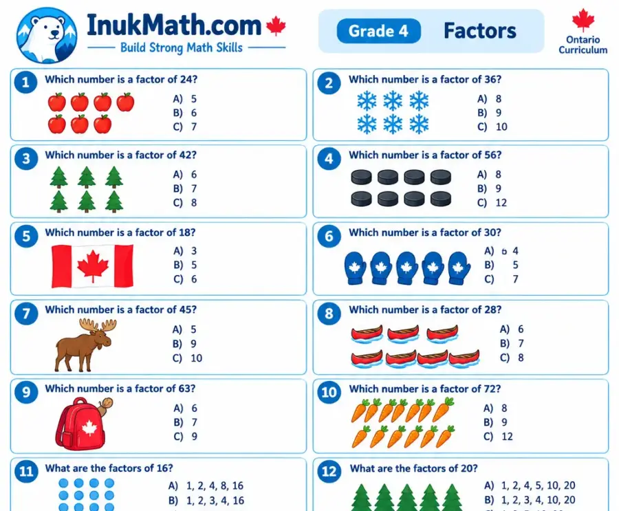 Factors – Grade 4 math worksheet (preview)