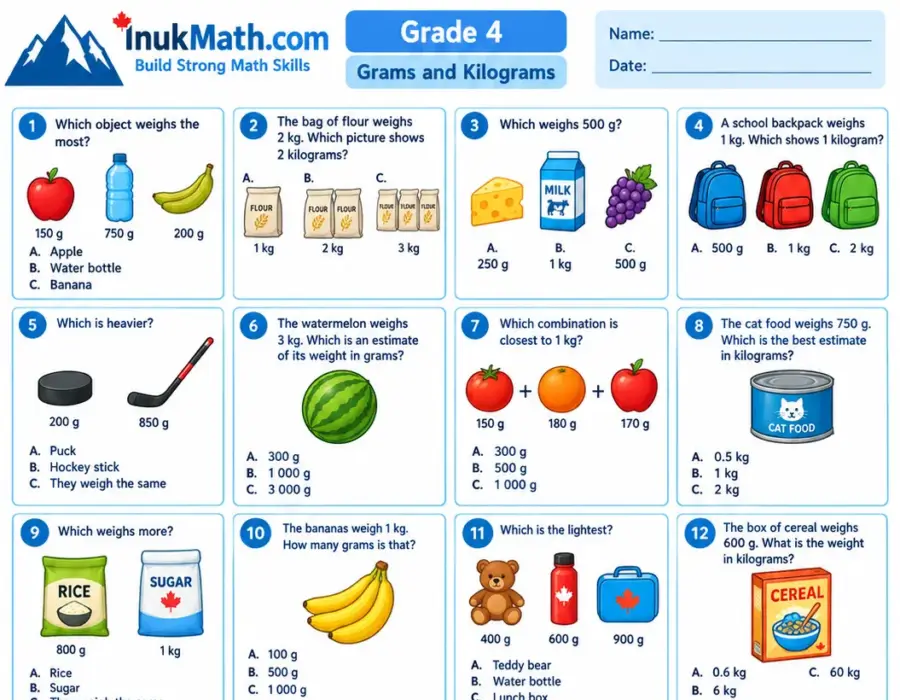 Grams and Kilograms – Grade 4 math worksheet (preview)